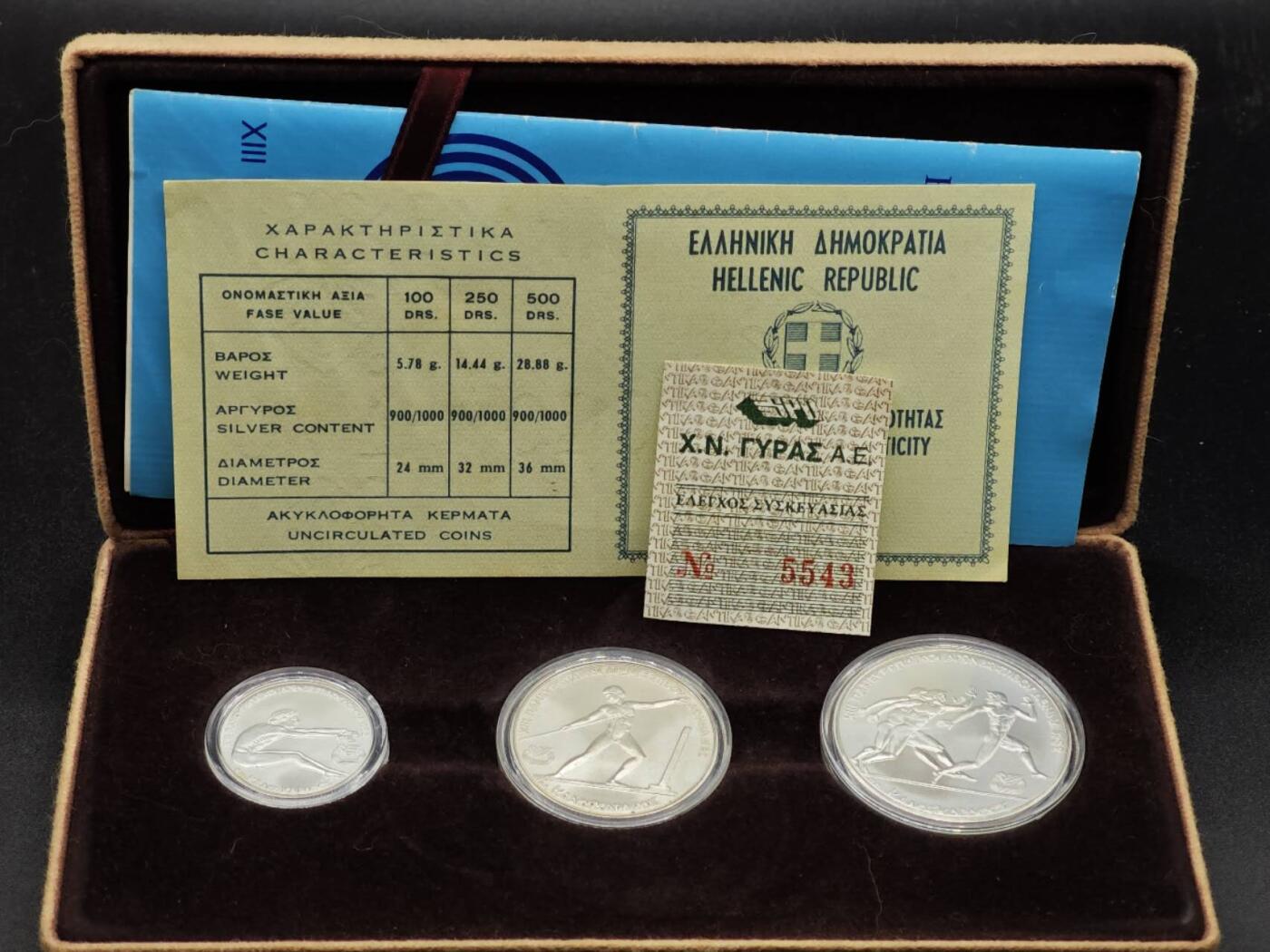 【淘币小摊】实时拍第七百九十五拍   银币套币场   满百包邮可预留二周 每周一统一发货   1981年希腊100/250/500德拉克马普制非流通银币套 82年泛欧运动会-跳远，标枪，接力 总共49.1克900银 发行量15万 盒证全