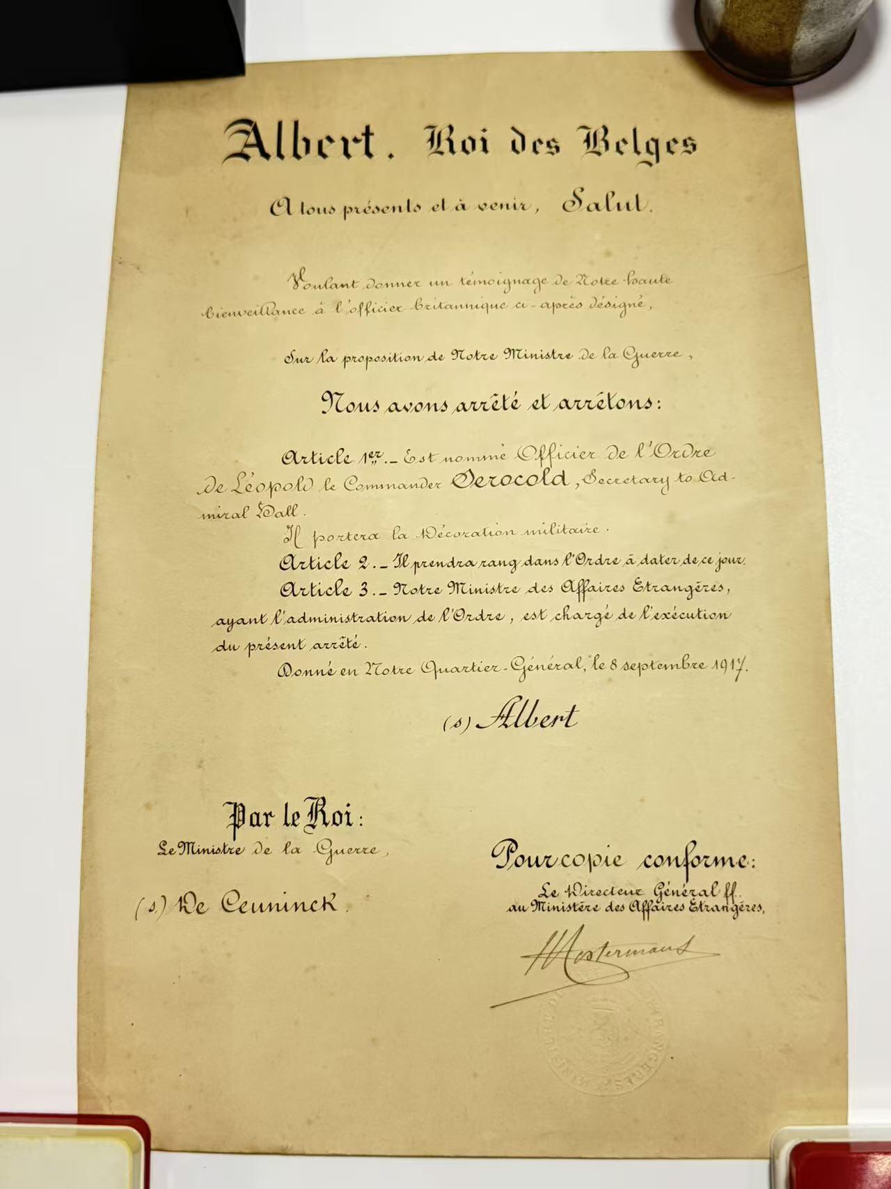 韵星假日精品2025秋季军品类拍卖会-- Rimey Holidays Boutique 2025 Autumn Militaria Sale 比利时阿尔贝一世国王授予英国皇家海军军官奥罗科德，军官级利奥波德勋章的证书