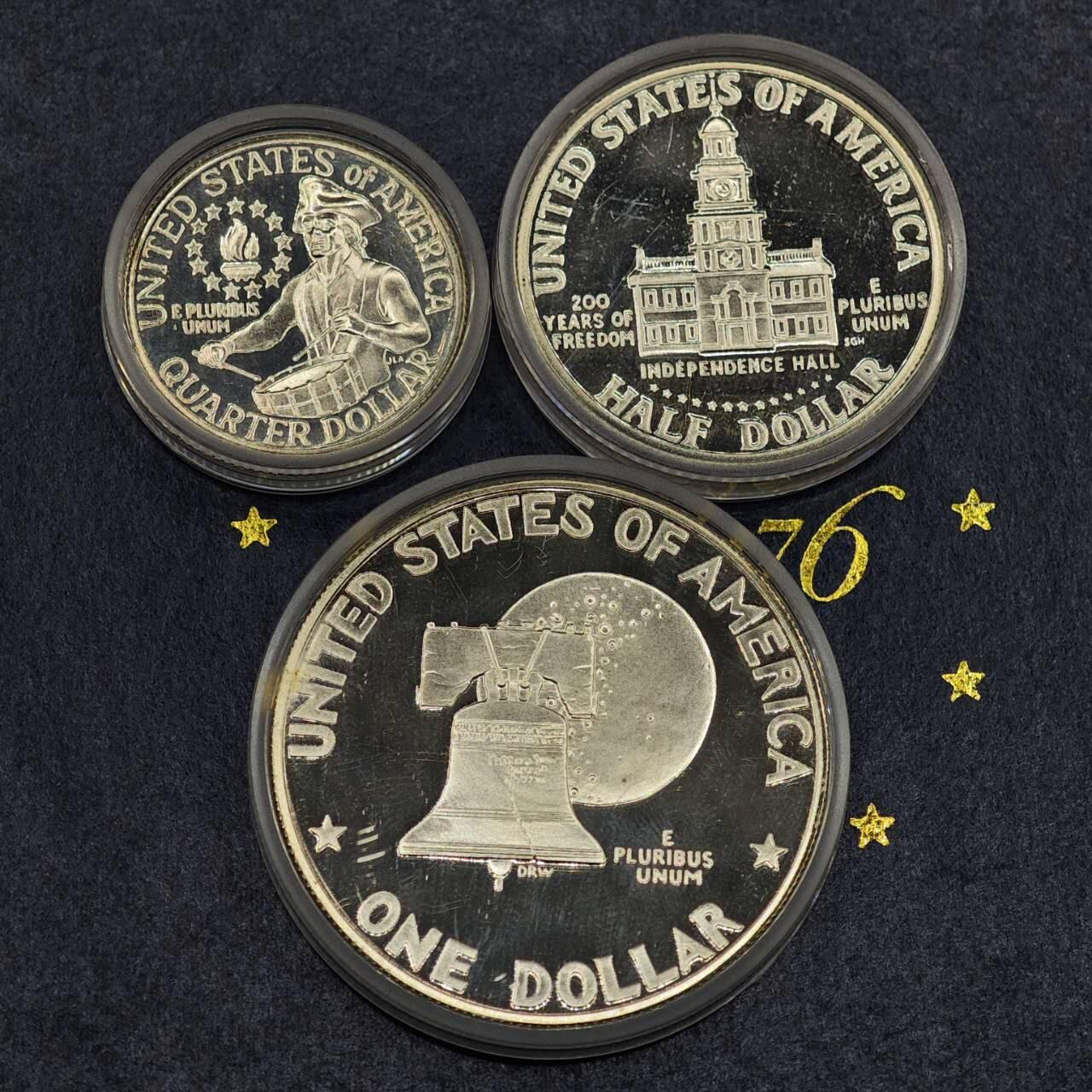 【淘币小摊】实时拍第七百九十五拍   银币套币场   满百包邮可预留二周 每周一统一发货   美国1976年建国200周年精制银币3枚套41.79克400银 纯银价184