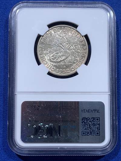 《竞宝斋》第437场 周日，周一2场连拍 （全场包邮） NGC MS64 古巴1952年共和国五十周年纪念40分银币，单年版，倒挂非常严重的品种，早在21年外拍65分就以525美元成交，今年9月SBP拍卖66分更是以1900美元不含佣落槌，外拍大热点