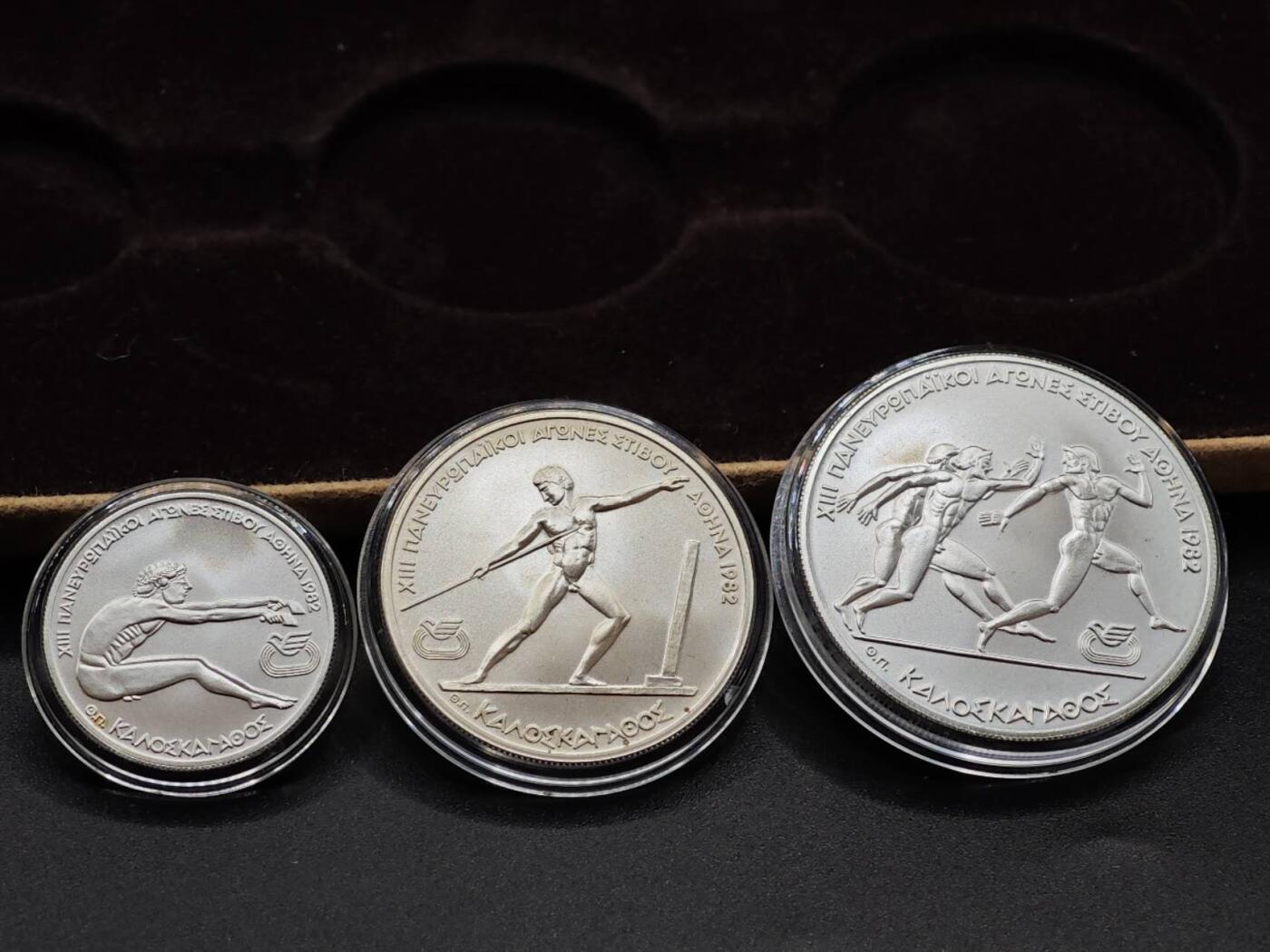 【淘币小摊】实时拍第七百九十五拍   银币套币场   满百包邮可预留二周 每周一统一发货   1981年希腊100/250/500德拉克马普制非流通银币套 82年泛欧运动会-跳远，标枪，接力 总共49.1克900银 发行量15万 盒证全