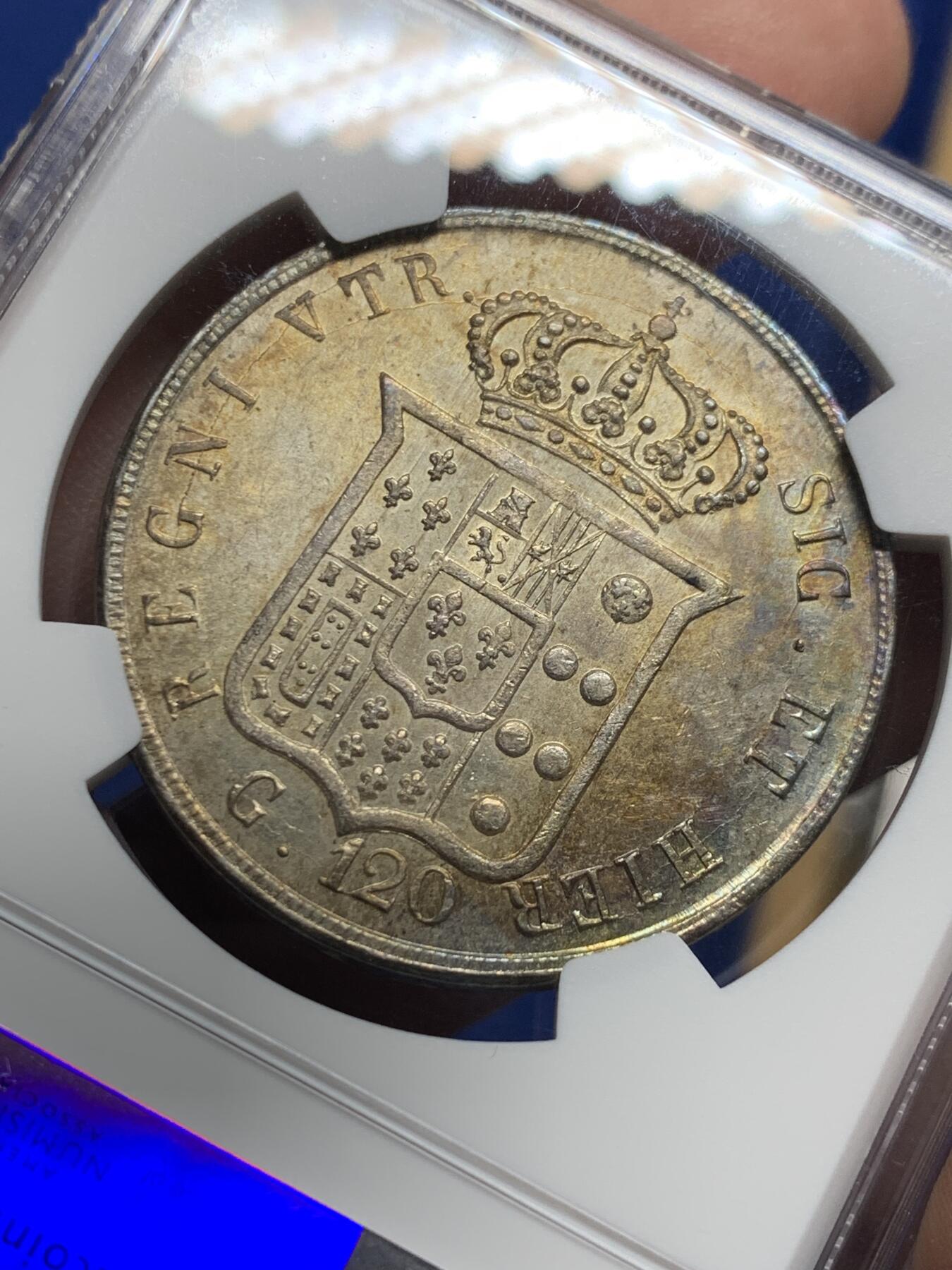 《竞宝斋》第437场 周日，周一2场连拍 （全场包邮） NGC MS61 意大利1857年 那不勒斯西西里120G大银币