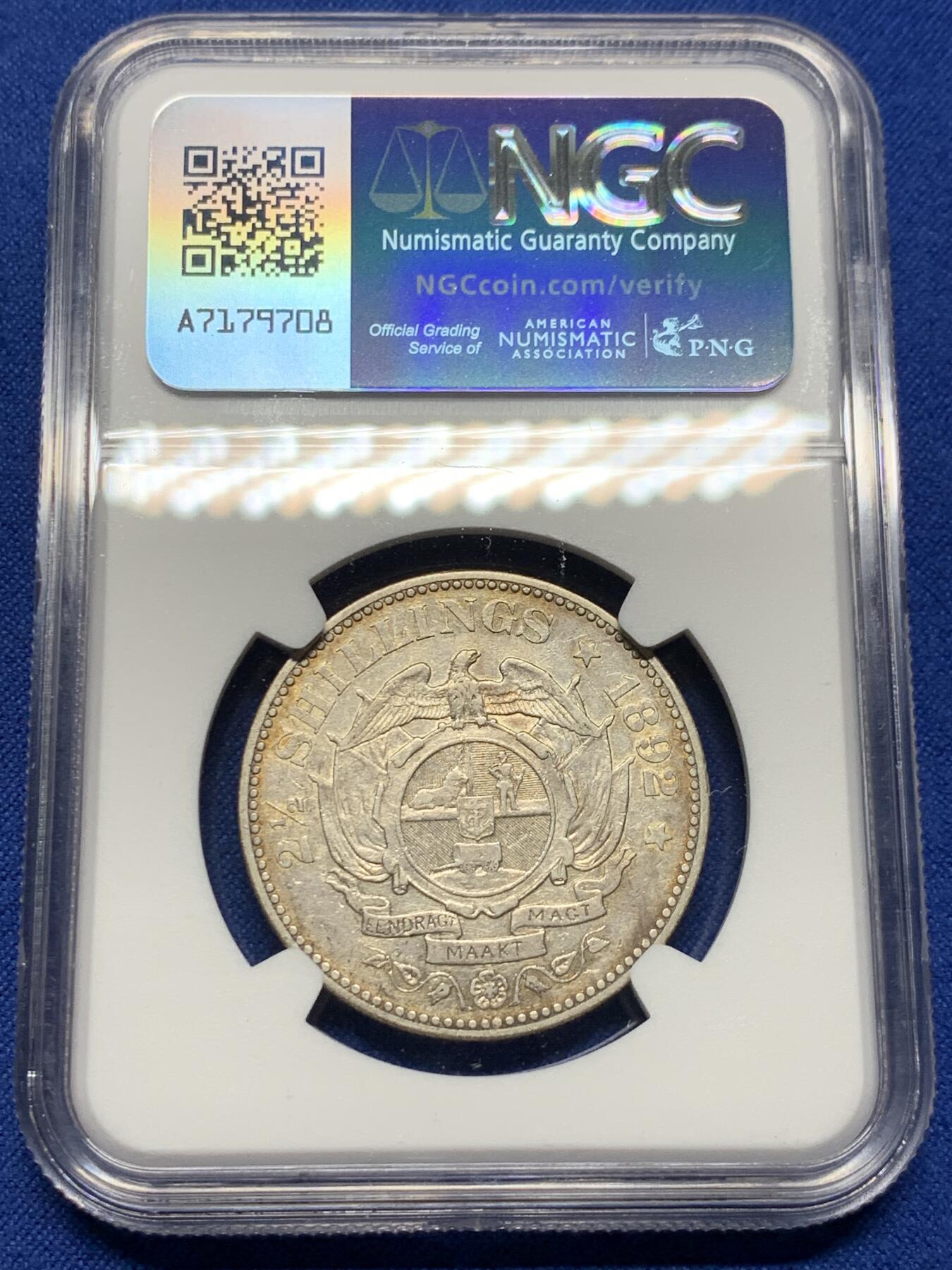 《竞宝斋》第437场 周日，周一2场连拍 （全场包邮） NGC XF45 南非德兰士瓦1892年约翰内斯·保卢斯·克鲁格总统2.5先令银币 925银