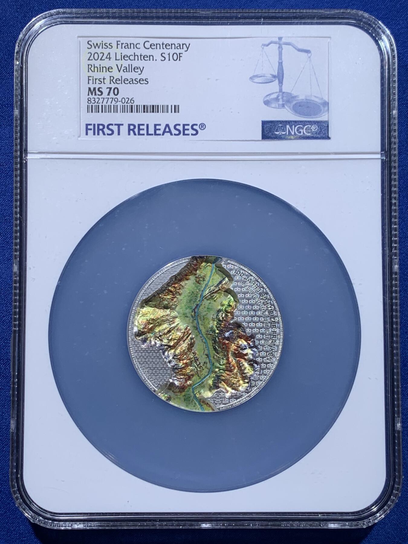 《竞宝斋》第437场 周日，周一2场连拍 （全场包邮） NGC MS70 列支敦士登2024年瑞士法郎诞生100周年 莱茵河谷 2盎司银币 首期蓝标 加大盒封装