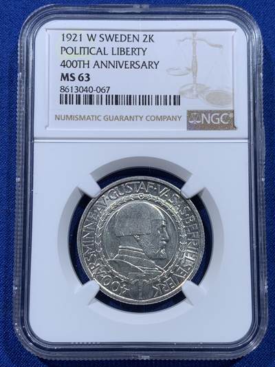《竞宝斋》第437场 周日，周一2场连拍 （全场包邮） - NGC MS63 瑞典1921年政治自由400周年2克朗银币 纪念瓦萨王朝建立者古斯塔夫一世发动起义反抗丹麦