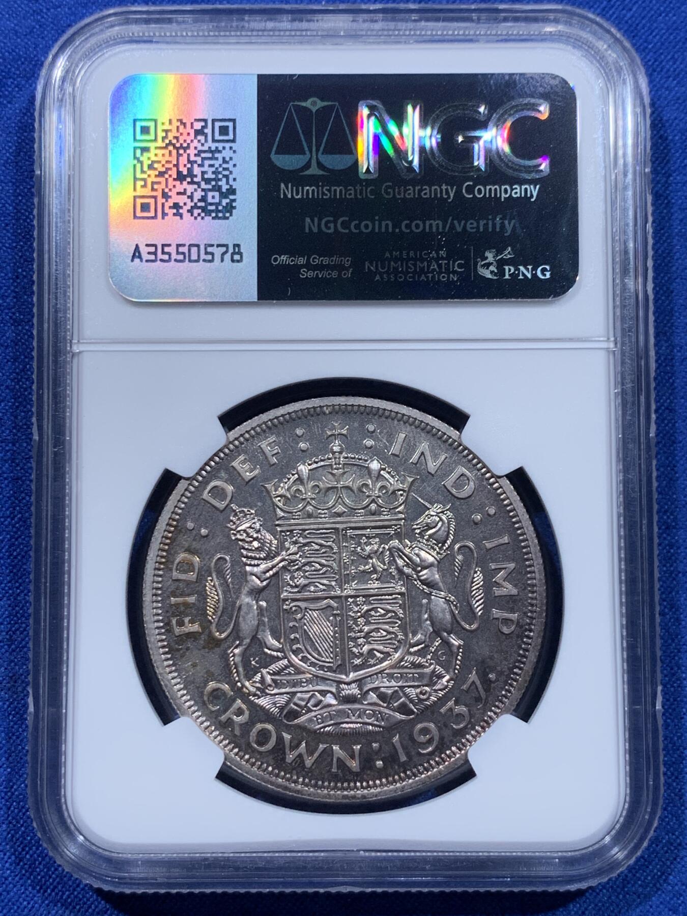 《竞宝斋》第437场 周日，周一2场连拍 （全场包邮） NGC PF63  Cope旧藏 英国1937年乔治六世精制1克朗，出自他的加冕套币。共发行26400套，双面包浆优美，高点略有磨损但是丝毫不掩精制风范。