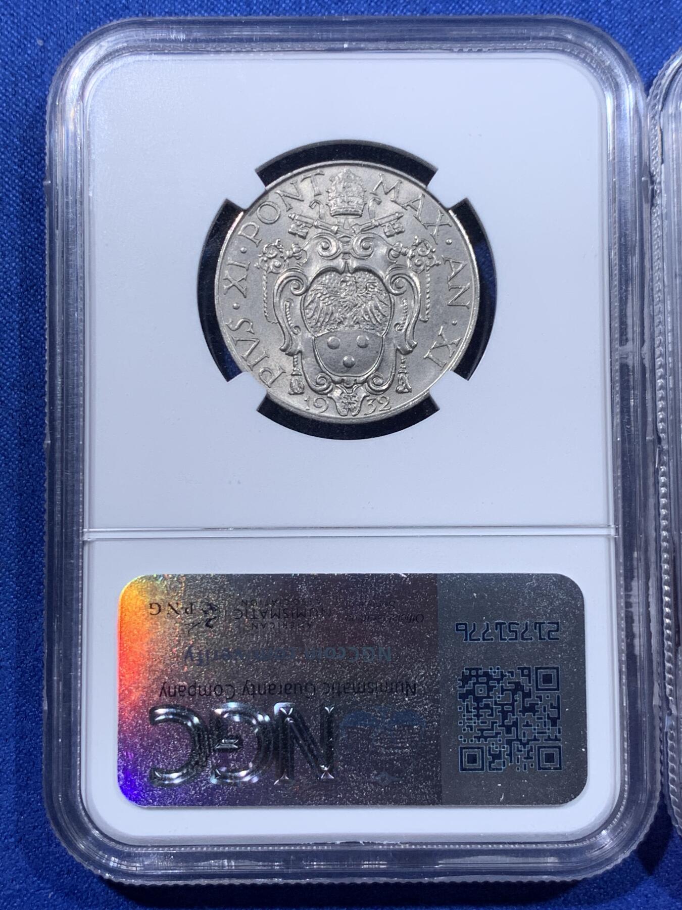 《竞宝斋》第437场 周日，周一2场连拍 （全场包邮） 两枚一组 NGC MS63 梵蒂冈 1932/36年 1里拉+2里拉镍币