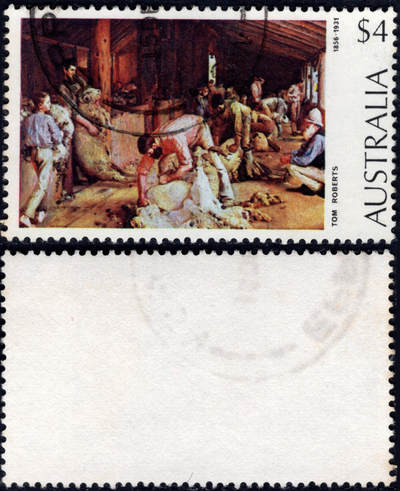 洪涛臻品批发群 精选邮票限时拍卖第1170期  - 澳大利亚 高值票$4《剪羊毛》 画家 汤姆·罗伯茨1856-1931