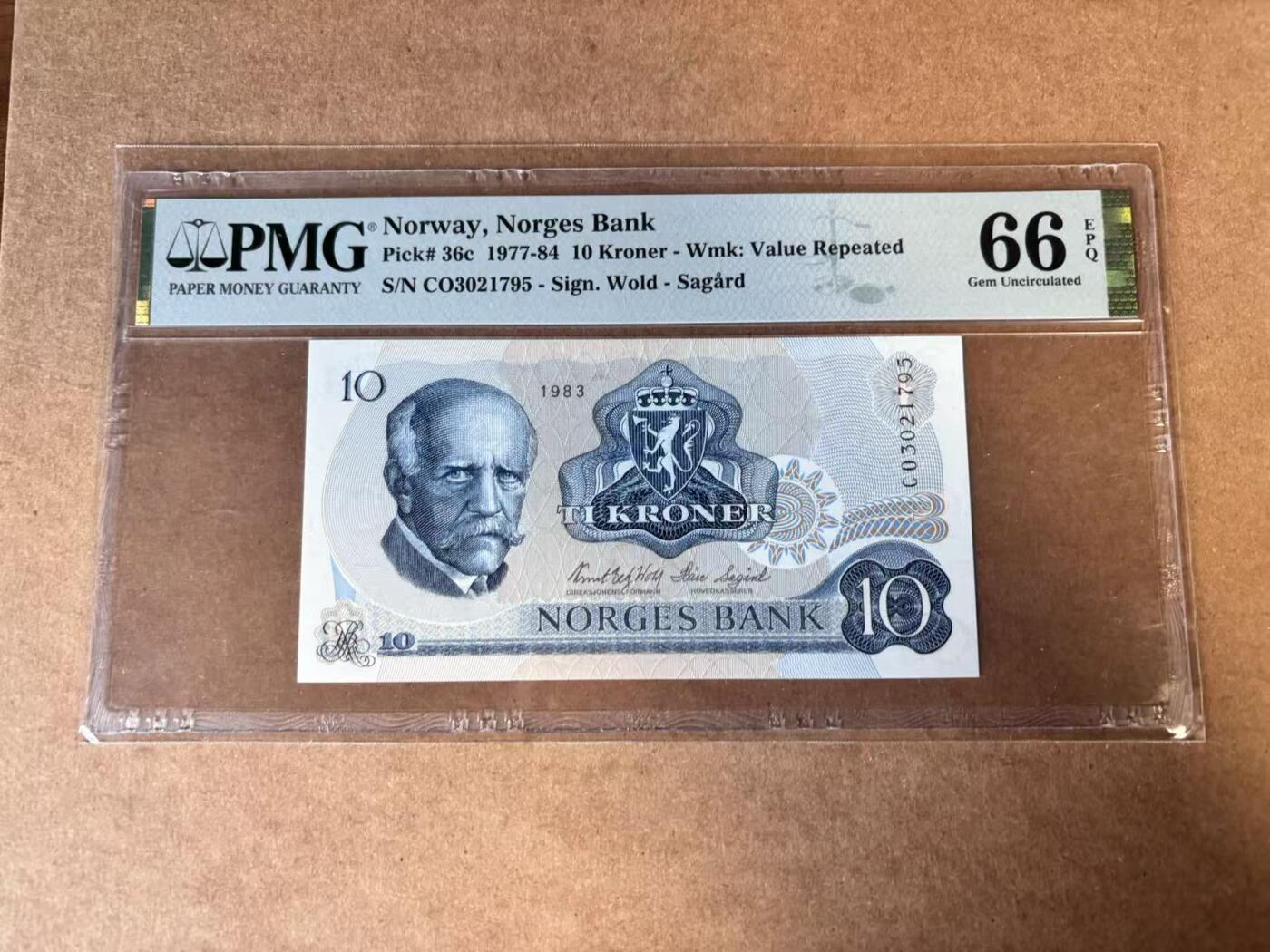 【Blue Auction】世界纸币精拍第749期——18级TOP拍卖/信誉/品质/专业/高效💫 挪威 1983年10克朗 PMG66EPQ 