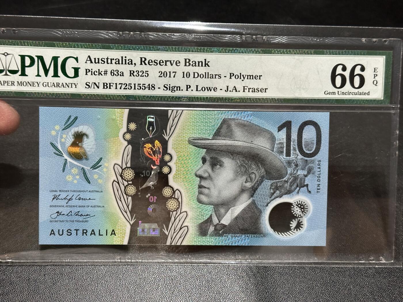 《外钞收藏家》第五百八十四期（优质场）（本平台长期征集拍品、欢迎藏友们联系合作） 2017年澳大利亚10元 塑料钞 PMG66