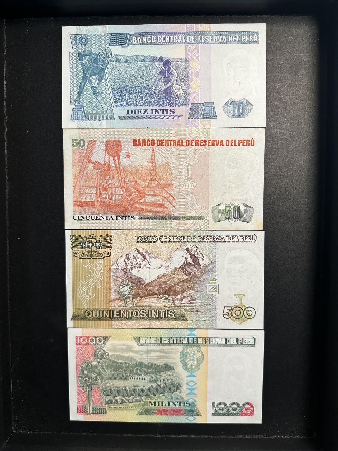 蒂克钱币-第47场 外国平价纸币拍卖 秘鲁 1987-1988年 1560印蒂 纸币 4枚 50面值有黄斑