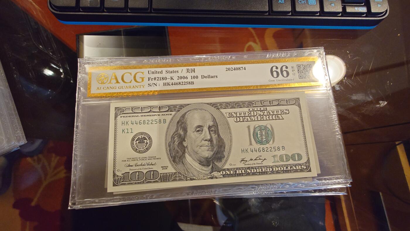 世界钱币～微拍第214期暨2025年第54期  双11评级币特惠拍 2006年美国100大头 爱藏66分带4尾号2258