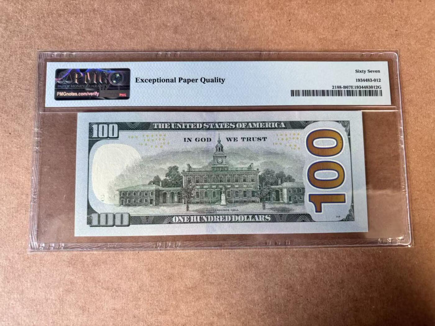 【Blue Auction】世界纸币精拍第749期——18级TOP拍卖/信誉/品质/专业/高效💫 【8888狮子号】美国 2013年100美金  PMG67EPQ 