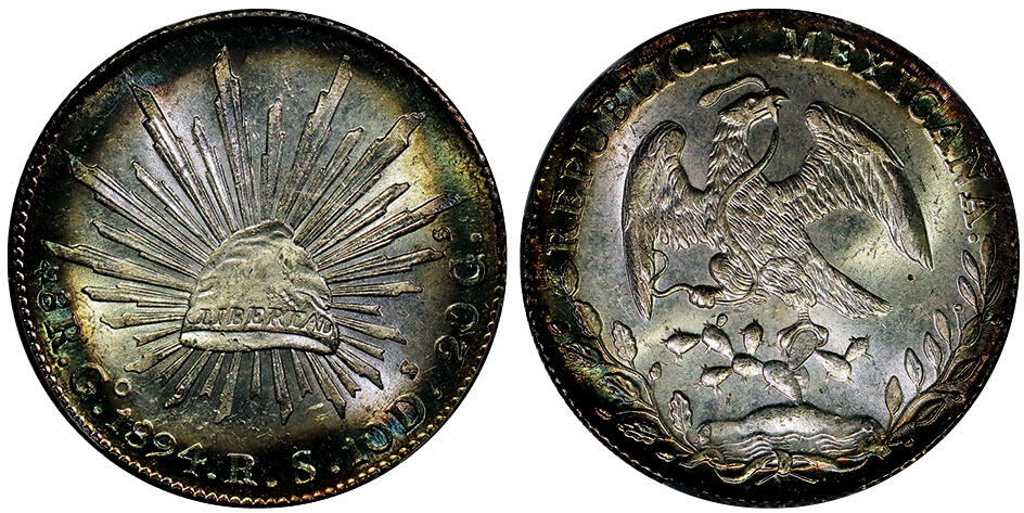 北京阿城哥拍卖2025年秋季拍卖会 1894年墨西哥“鹰洋”8瑞尔银币一枚，铸造精美，版底皎洁莹润，充盈姣好原光，品相一流，PCGS MS64+评级编号：89489216