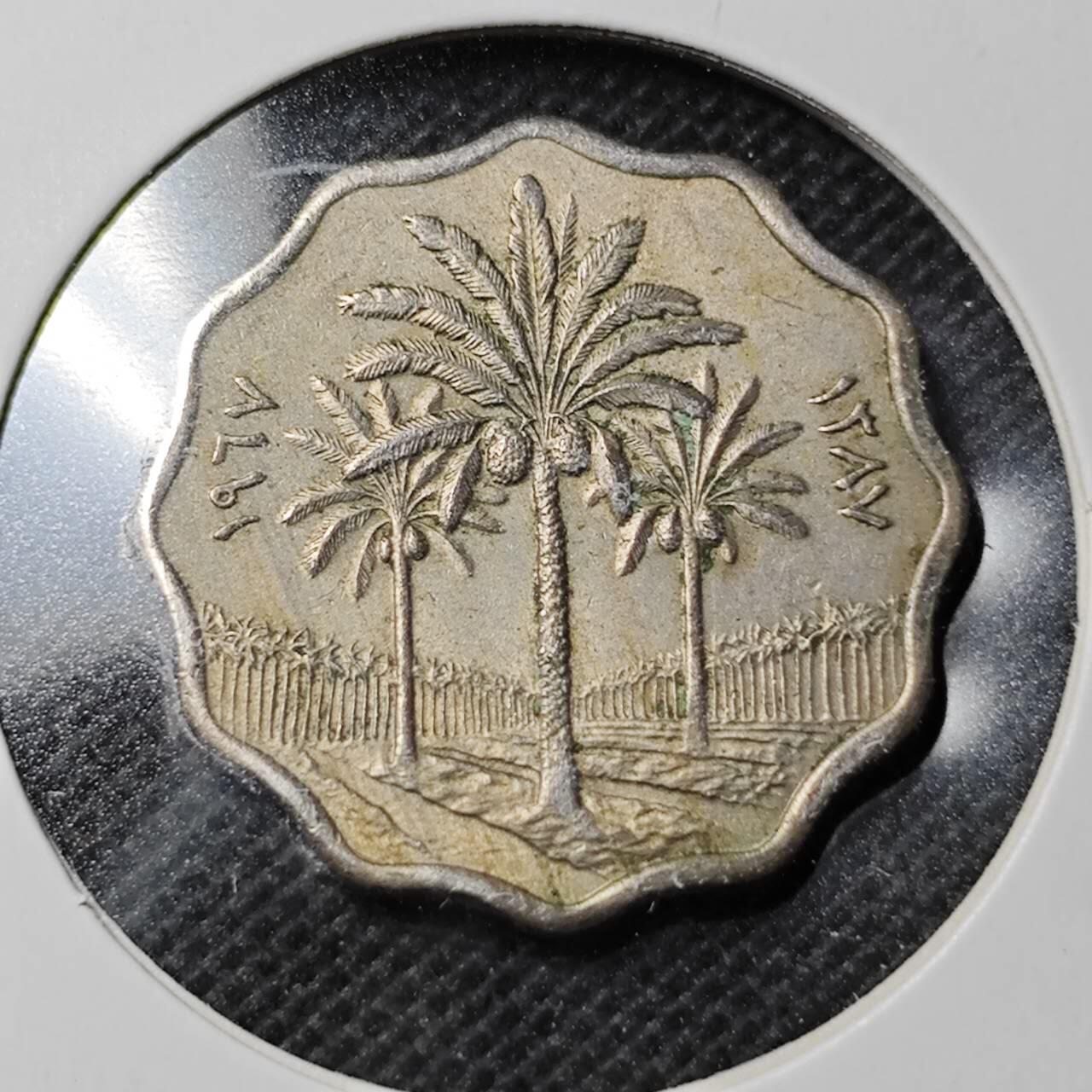 KK钱币收藏小铺  第368场  2月预留时间 周末发货  伊拉克5费尔 深打立体 椰树