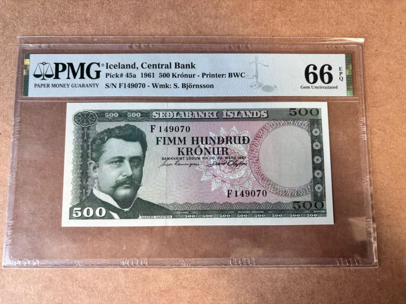 【Blue Auction】世界纸币精拍第749期——18级TOP拍卖/信誉/品质/专业/高效💫 冰岛 1961年500克朗  PMG66EPQ 