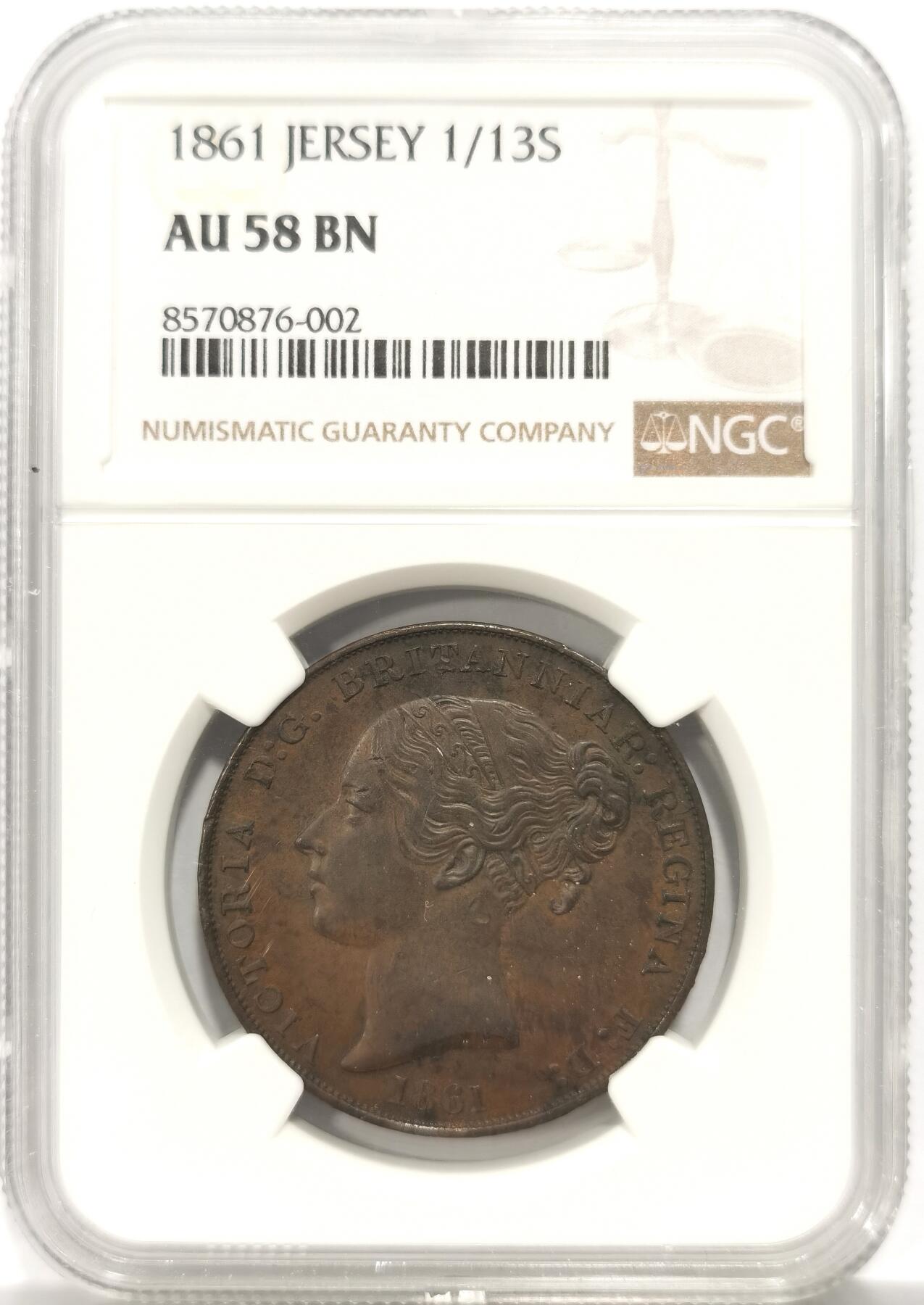 博洋堂世界钱币拍卖第146期（全场包邮） NGC AU58BN 英属泽西岛1861年小维头像1/13先令大铜币，比本土便士贵的多的品种，未流通细节，背面小狮子上的斑点都清晰可见，可尝试重评