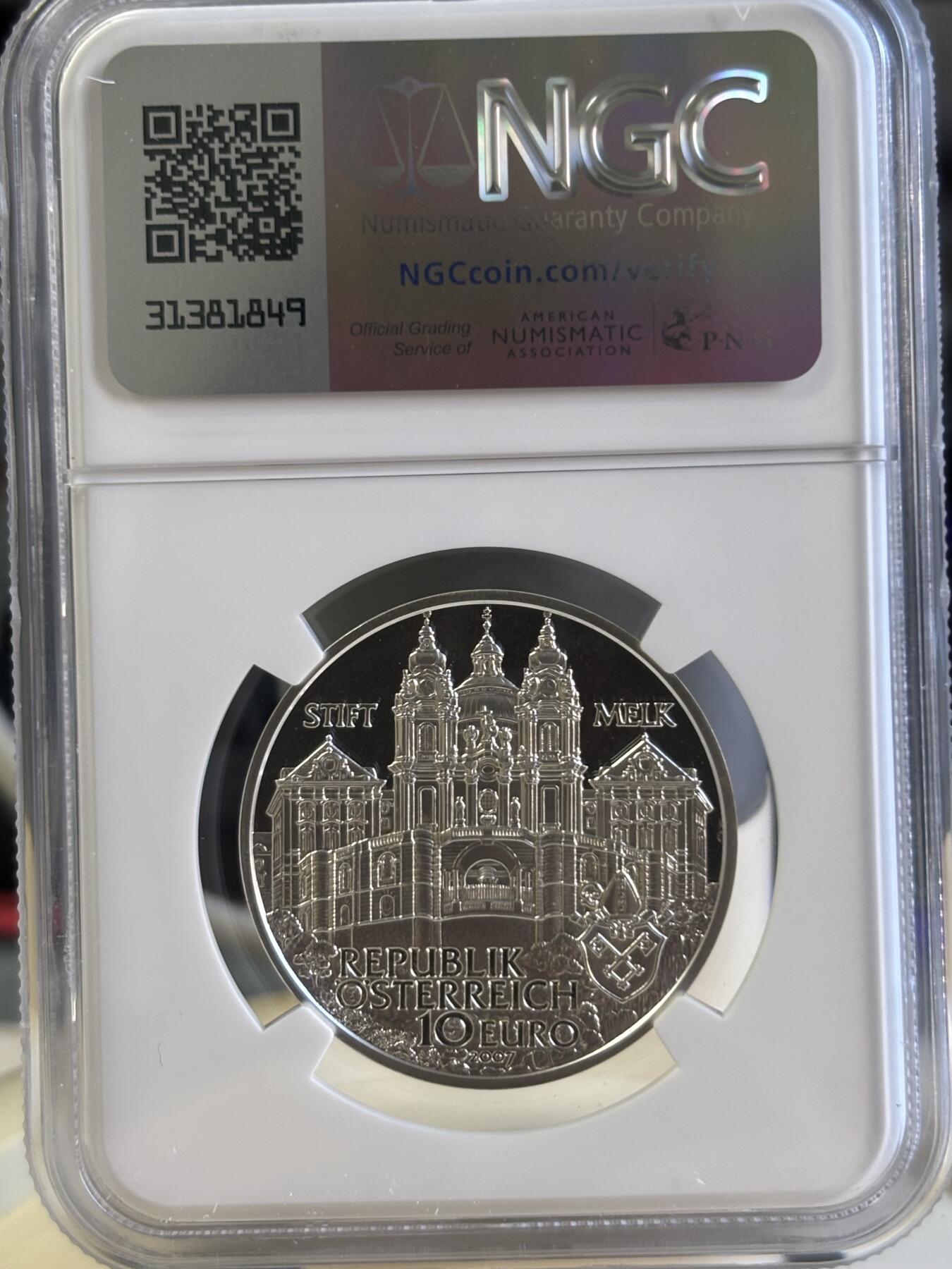 第181期拍卖 奥地利2007年发行梅尔克修道院10欧元纪念银币NGC-PF69（克劳斯获奖2009年最佳艺术银币），16克，925银，发行量40000枚