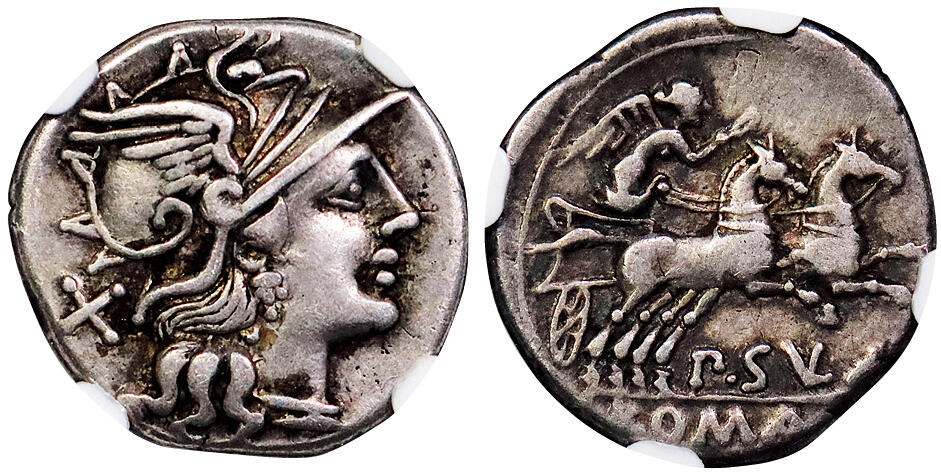 北京阿城哥拍卖2025年秋季拍卖会 公元前97年罗马共和国迪纳里银币一枚，（铸币官L.庞波尼乌斯.莫洛，正面阿波罗像背面胜利女神驾双马战车）NGC VF评级编号：6766343-033