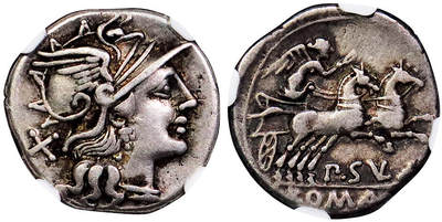 北京阿城哥拍卖2025年秋季拍卖会 - 公元前97年罗马共和国迪纳里银币一枚，（铸币官L.庞波尼乌斯.莫洛，正面阿波罗像背面胜利女神驾双马战车）NGC VF评级编号：6766343-033