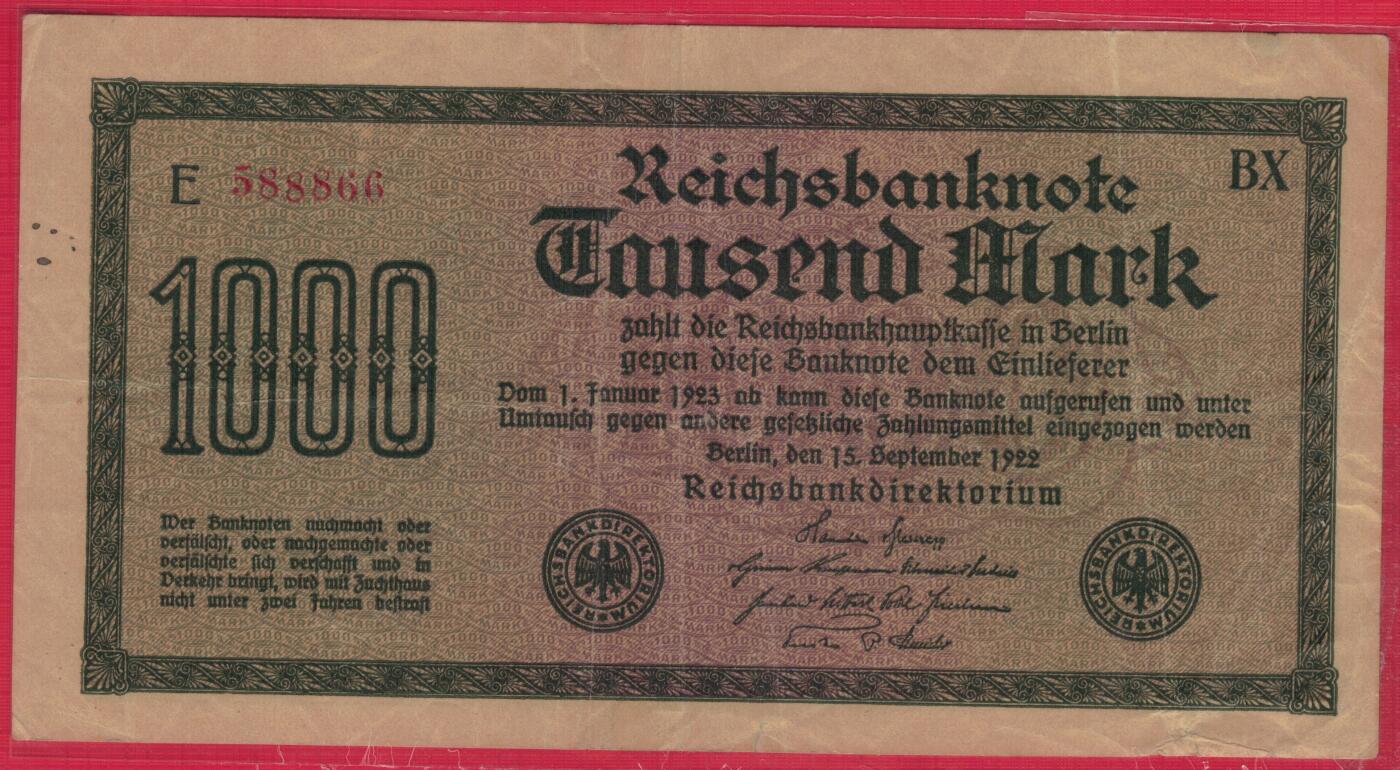 德国1922年1000马克 P-76b I种水印 黄纸印制 红号码数三无47 中间豹子号888 双尾66 实物图 八五品