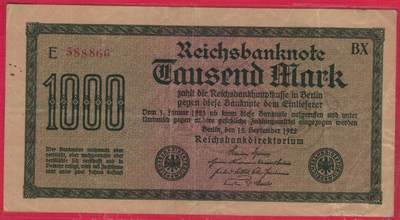 德国1922年1000马克 P-76b I种水印 黄纸印制 红号码数三无47 中间豹子号888 双尾66 实物图 八五品 - 德国1922年1000马克 P-76b I种水印 黄纸印制 红号码数三无47 中间豹子号888 双尾66 实物图 八五品