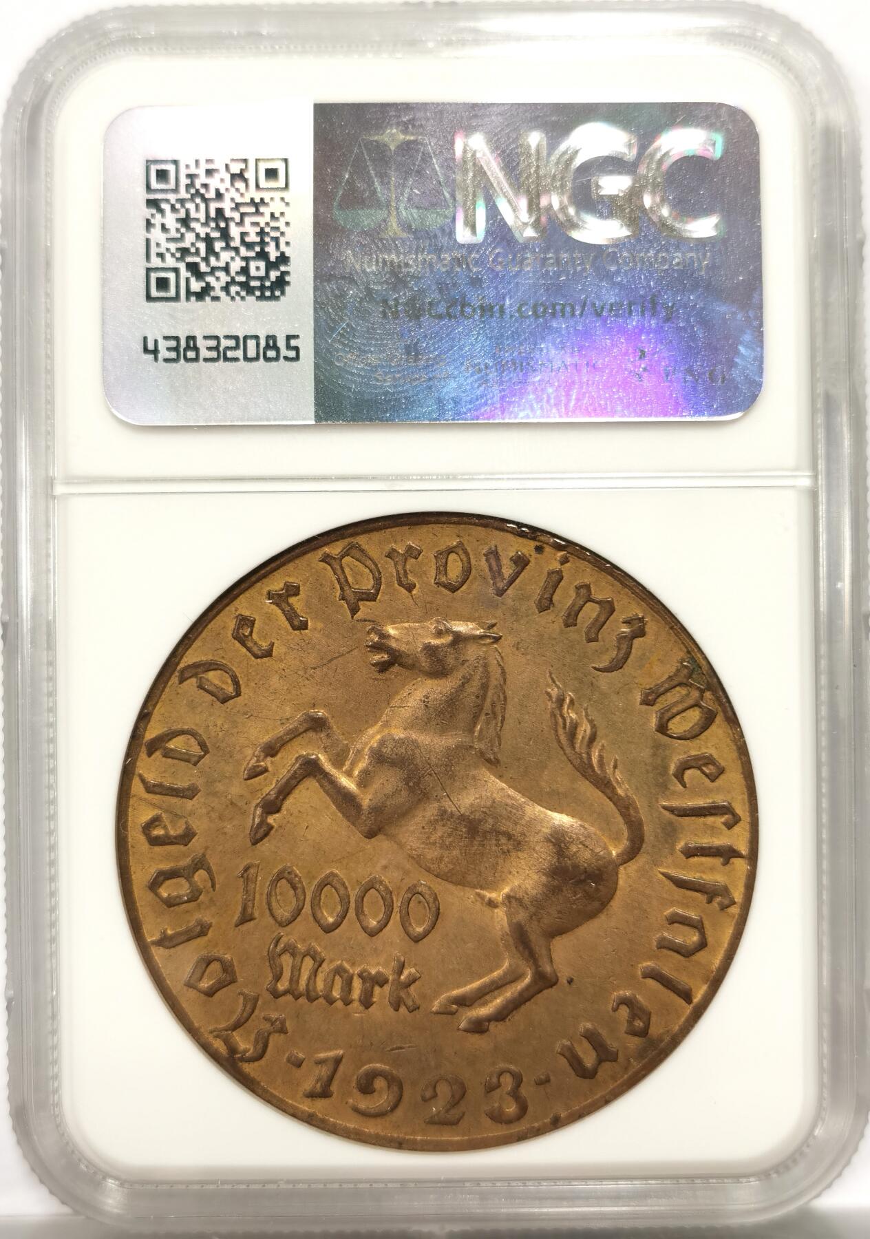 博洋堂世界钱币拍卖第146期（全场包邮） NGC MS63 1923年德国德紧威斯特伐利亚1万马克大铜币，经典品种，转光好品。