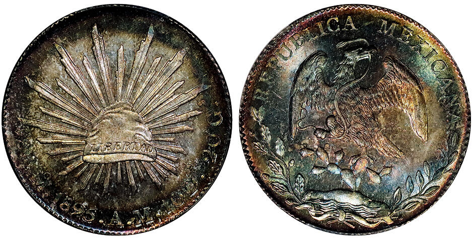 北京阿城哥拍卖2025年秋季拍卖会 1895年墨西哥“鹰洋”8瑞尔银币一枚，紫罗兰彩，铸造精美，版底皎洁莹润，充盈姣好原光，品相一流，PCGS MS66评级编号：89489219