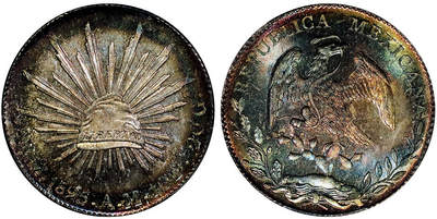 北京阿城哥拍卖2025年秋季拍卖会 - 1895年墨西哥“鹰洋”8瑞尔银币一枚，紫罗兰彩，铸造精美，版底皎洁莹润，充盈姣好原光，品相一流，PCGS MS66评级编号：89489219