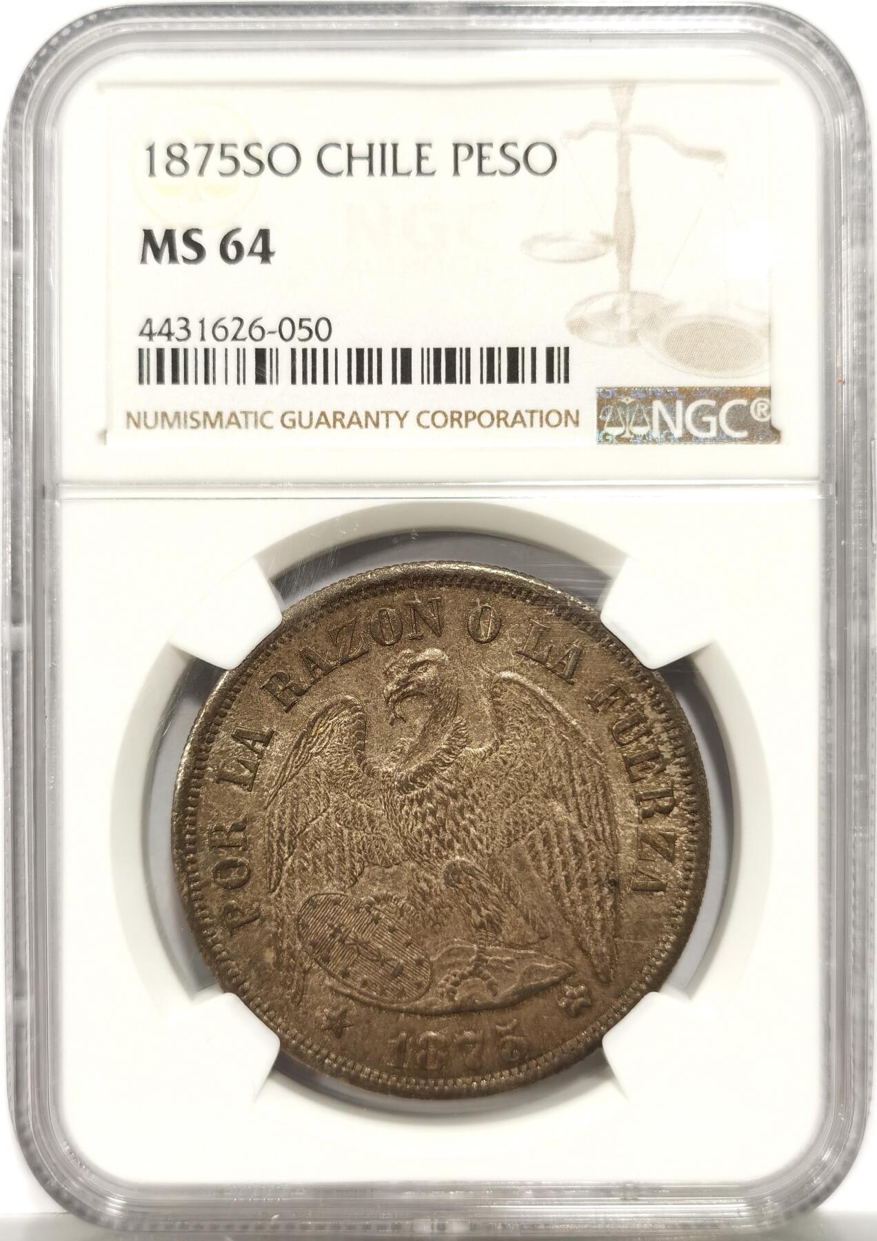 博洋堂世界钱币拍卖第146期（全场包邮） NGC MS64 智利1875年SO版1比索银币