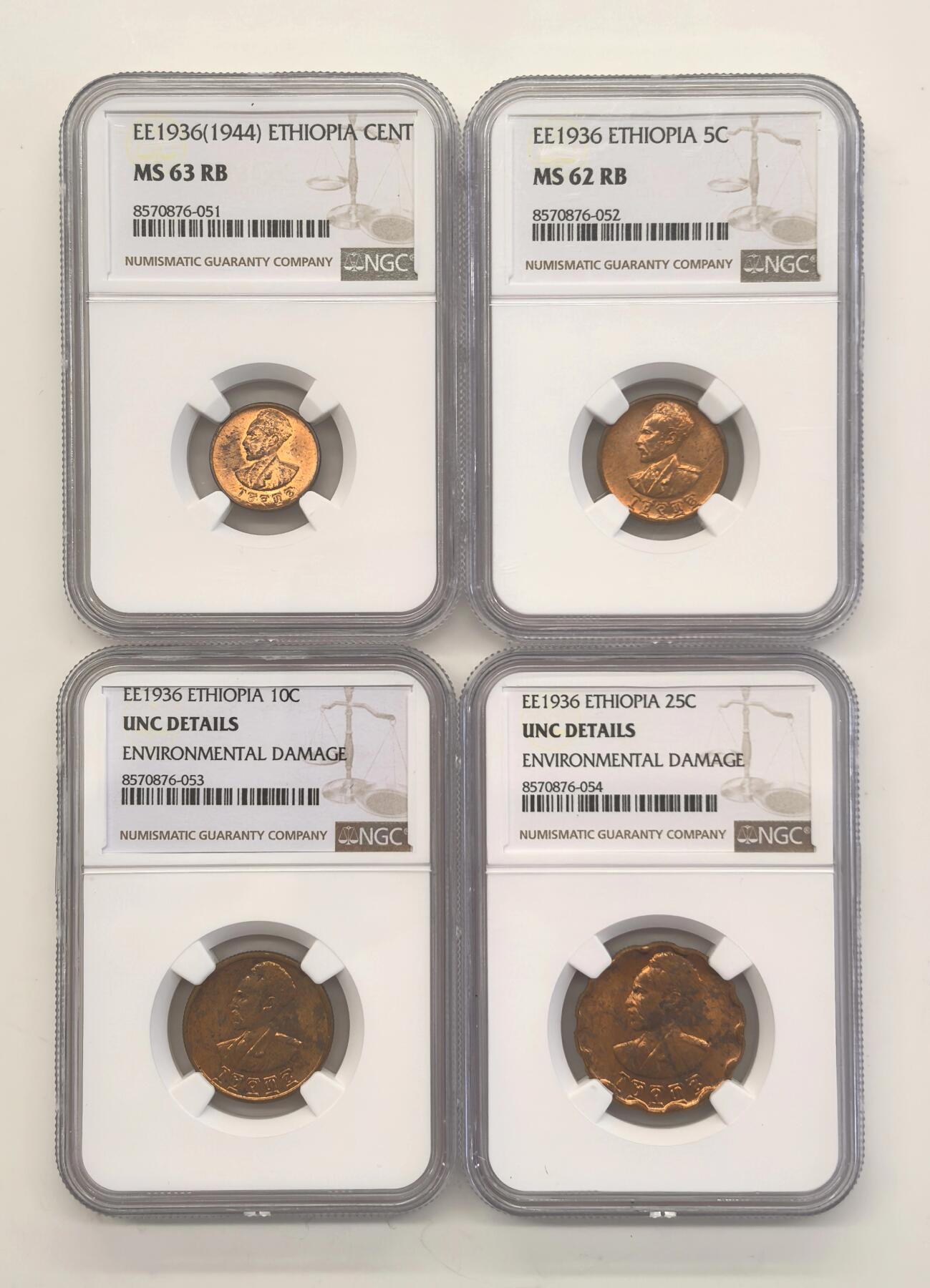 博洋堂世界钱币拍卖第146期（全场包邮） NGC 埃塞俄比亚1936年铜币四枚一套，面值1/5/10/25，都是BU好状态，惨遭压分