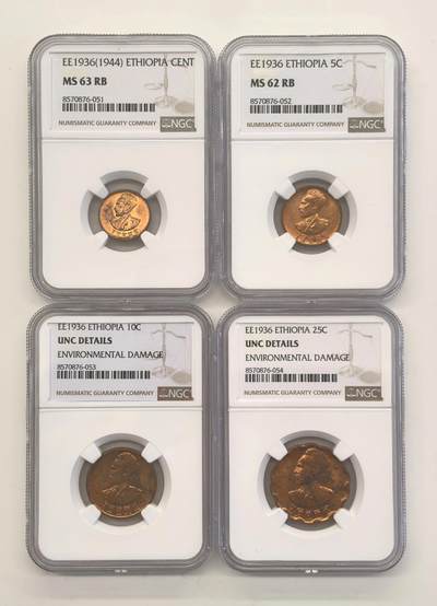 博洋堂世界钱币拍卖第146期（全场包邮） - NGC 埃塞俄比亚1936年铜币四枚一套，面值1/5/10/25，都是BU好状态，惨遭压分