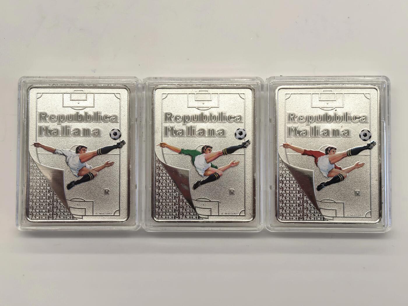 博洋堂世界钱币拍卖第146期（全场包邮） 2022年意大利5欧X3枚银套币 出色意大利系列-意大利著名足球运动员帕尼尼（红白绿三色） 发行量：7000套 套装