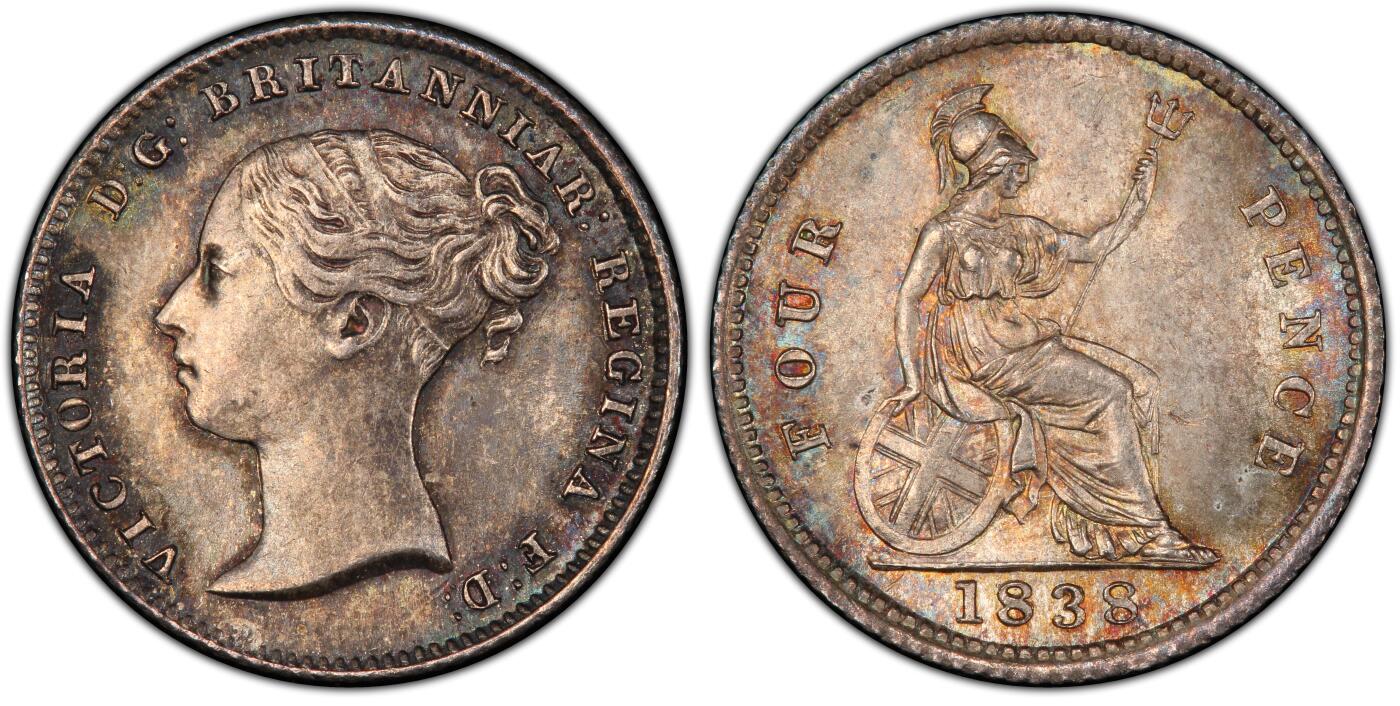 《竞宝斋》第437场 周日，周一2场连拍 （全场包邮） PCGS MS64+ 英国 1838年维多利亚首年GROAT 4便士银币 状态很好 转光十足