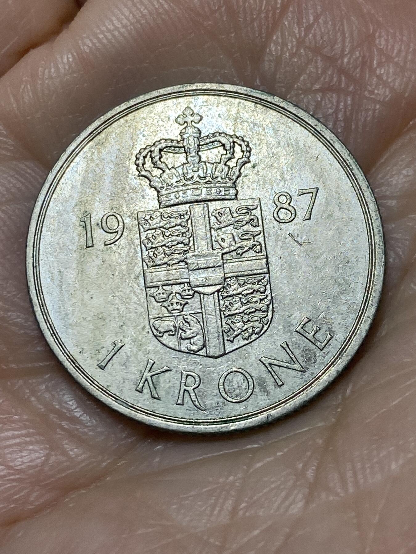 2025年第一百二十八场(总第一百五十四场）外国好品散币、邮币封和邮票场(免佣金) 丹麦🇩🇰1987年1克朗(玛格丽特二世第三版，R; B版)