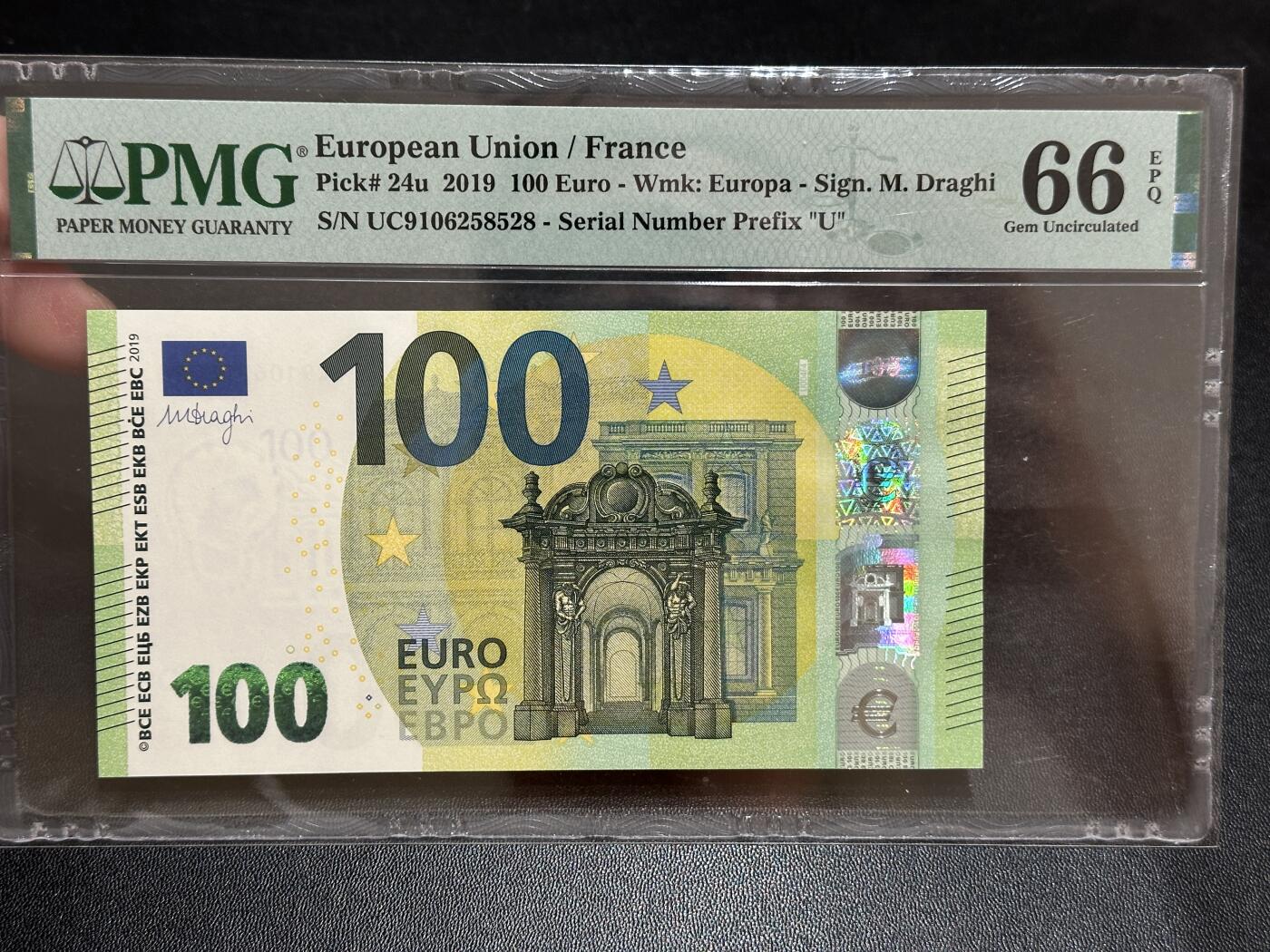 《外钞收藏家》第五百八十四期（优质场）（本平台长期征集拍品、欢迎藏友们联系合作） 2019年三签100欧元 PMG66 难得的无47尾8 法国版