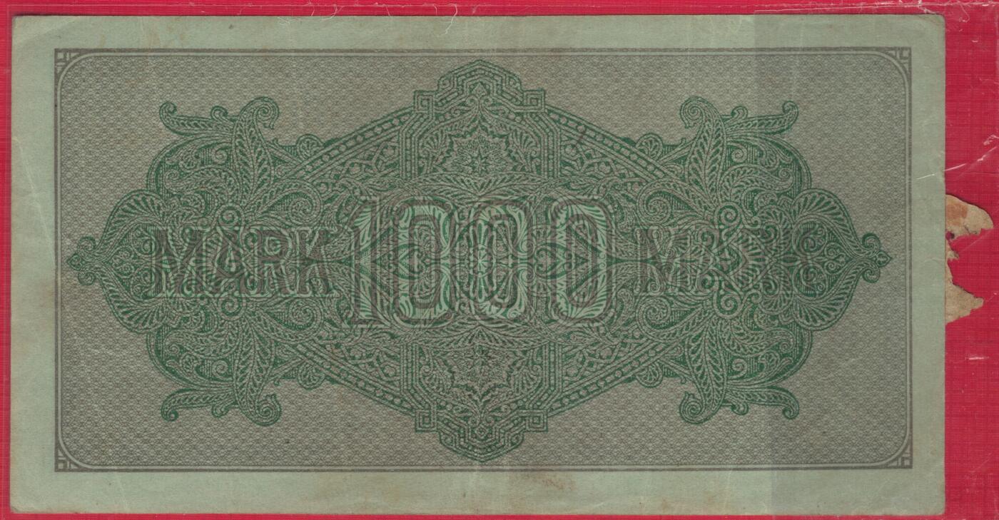德国1922年1000马克 P-76 水印种类不详 绿号码 有原银行封签 实物图 八五品