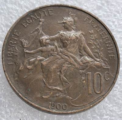 外国优质老铜币银币，周六九点倒数截拍，满百包邮，可寄存半年，喜欢朋友微信扫描二维码可直接参拍 - 极美品法国1900年10分，女神脸部轮廓清晰线条优美