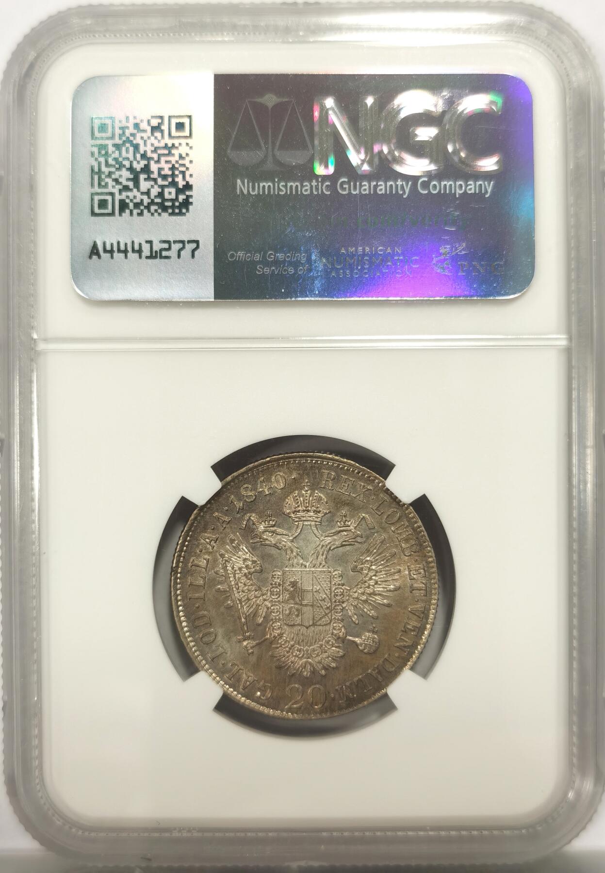 博洋堂世界钱币拍卖第146期（全场包邮） NGC UNCD 奥匈帝国1840A版20克鲁泽，经典双头鹰，转光+五彩+镜面绝对错杀