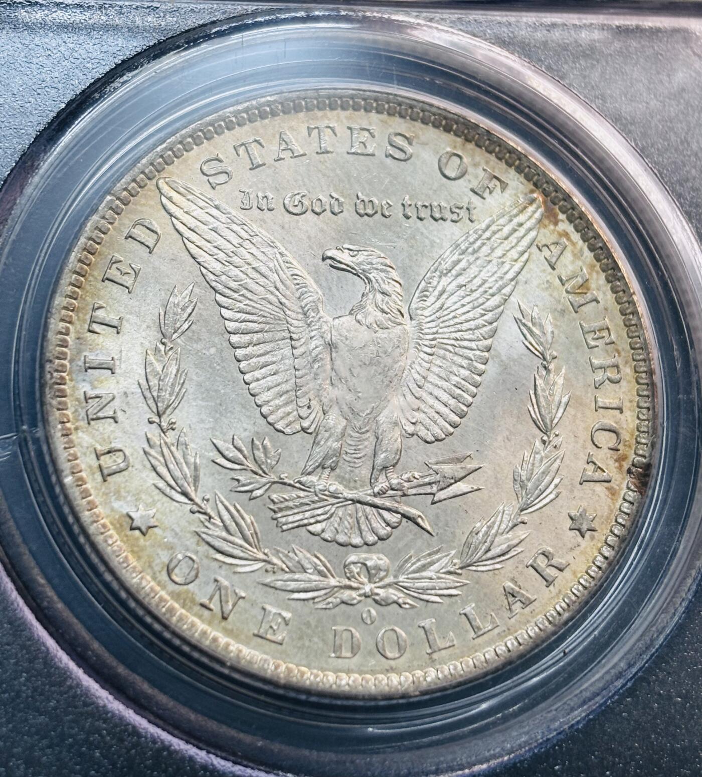 文馨钱币收藏第 281 场，【 长期接收代拍品】银元，银币，套币，纸币专场（本场截拍后休息三天，19 号发货） 1884 年美国摩根一元银元 O 版 PCGS 评级 MS64 分，彩金炫光，靓丽夺目