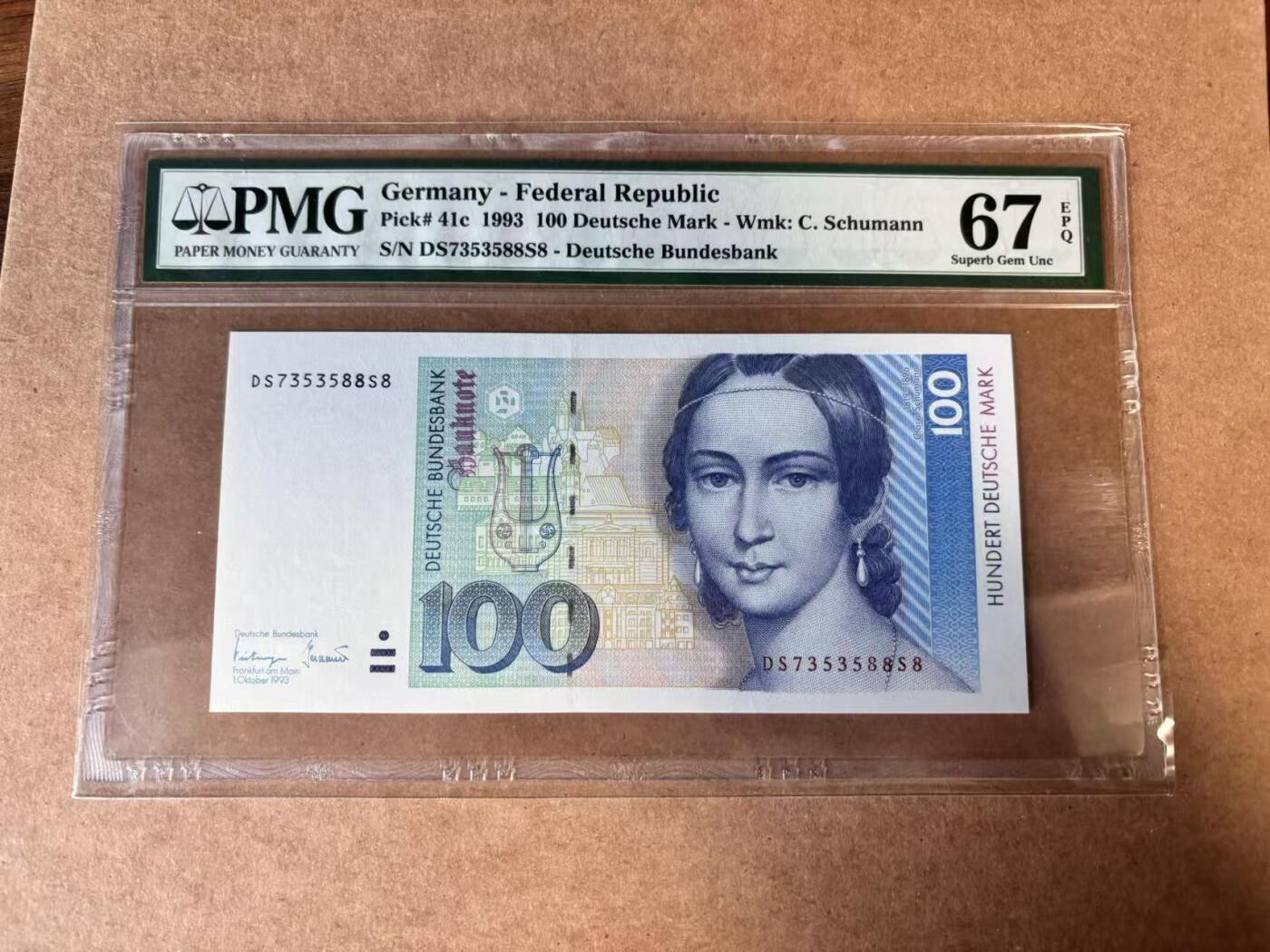 【Blue Auction】世界纸币精拍第749期——18级TOP拍卖/信誉/品质/专业/高效💫 【88尾】德国 1993年100马克 克拉拉 PMG67EPQ 