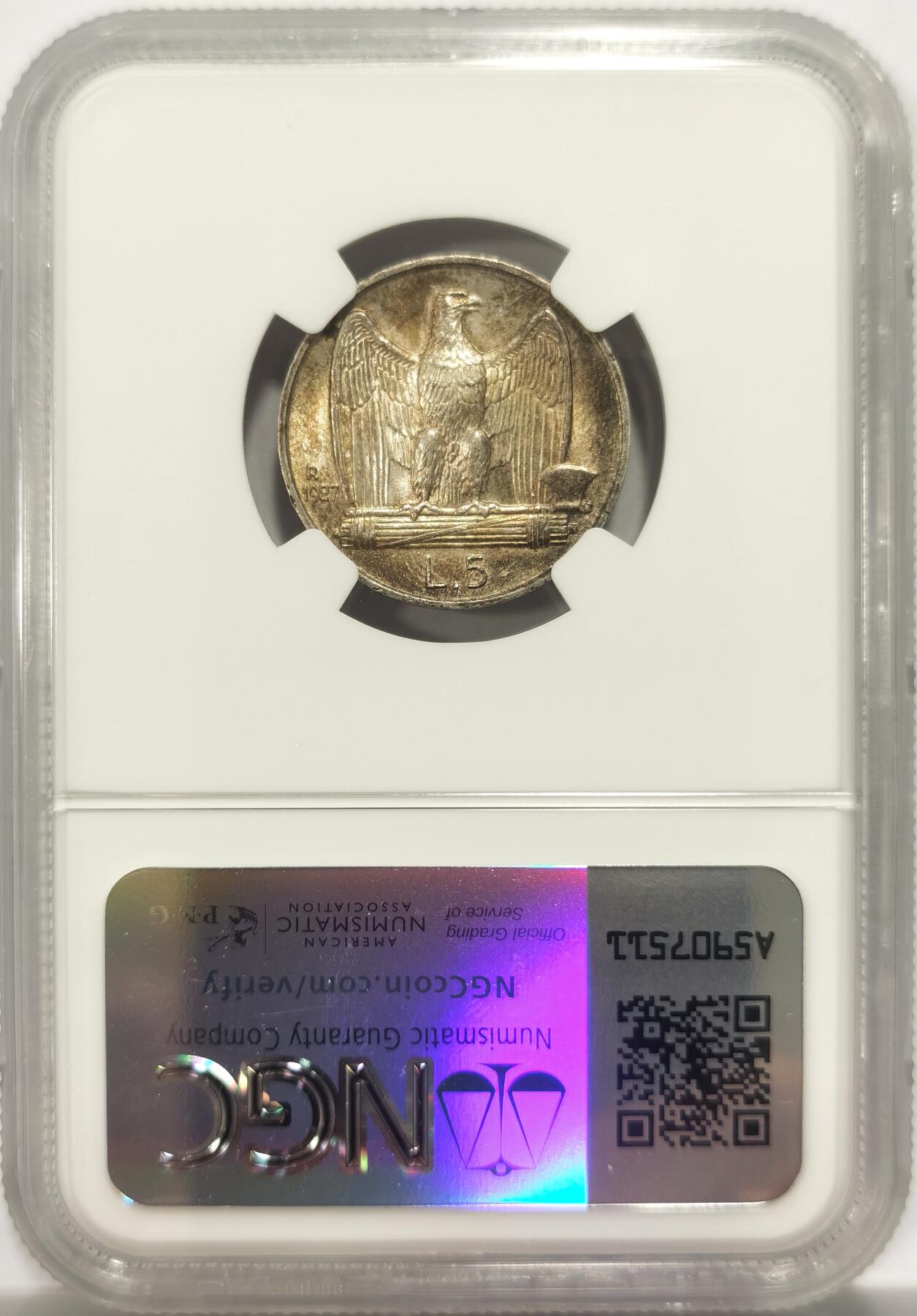 博洋堂世界钱币拍卖第146期（全场包邮） NGC MS63 意大利1927小鹰五里拉银币，底板舒服，五彩包浆非常好看，单星星版，意大利王国时期经典品种