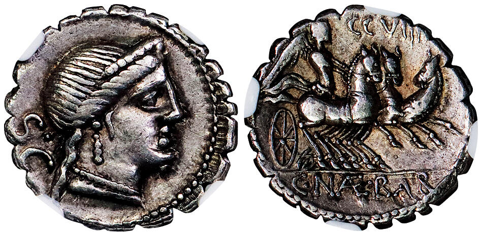 北京阿城哥拍卖2025年秋季拍卖会 公元前69年罗马共和国迪纳里银币一枚，（铸币官C.纳维乌斯.巴尔布斯，正面维纳斯像背面胜利女神驾三马战车）NGC Ch VF评级编号：6766343-041