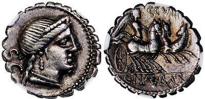 北京阿城哥拍卖2025年秋季拍卖会 - 公元前69年罗马共和国迪纳里银币一枚，（铸币官C.纳维乌斯.巴尔布斯，正面维纳斯像背面胜利女神驾三马战车）NGC Ch VF评级编号：6766343-041