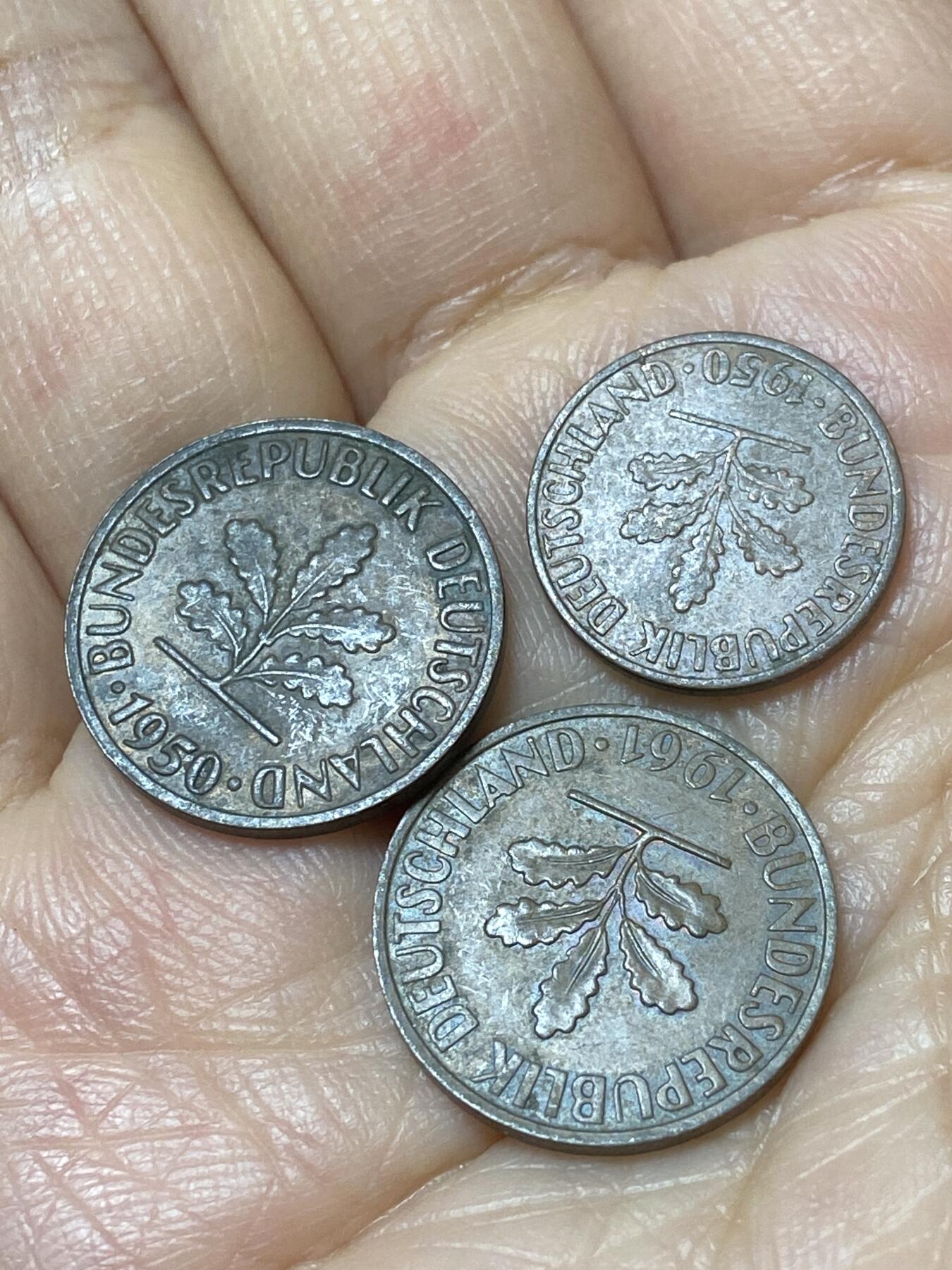 2025年第一百二十七场(总第一百五十三场）外国好品章牌、散币(免佣金) 德国散币🇩🇪3枚：1950年1芬尼2芬尼(首发年)，1961年2芬尼