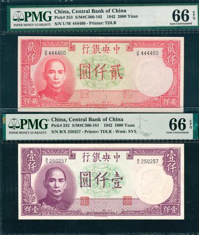 上海炎玺拍卖 玺韵华章：第七章 - 1942年中央銀行紫壹仟圓 1942年中央銀行红貳仟圓