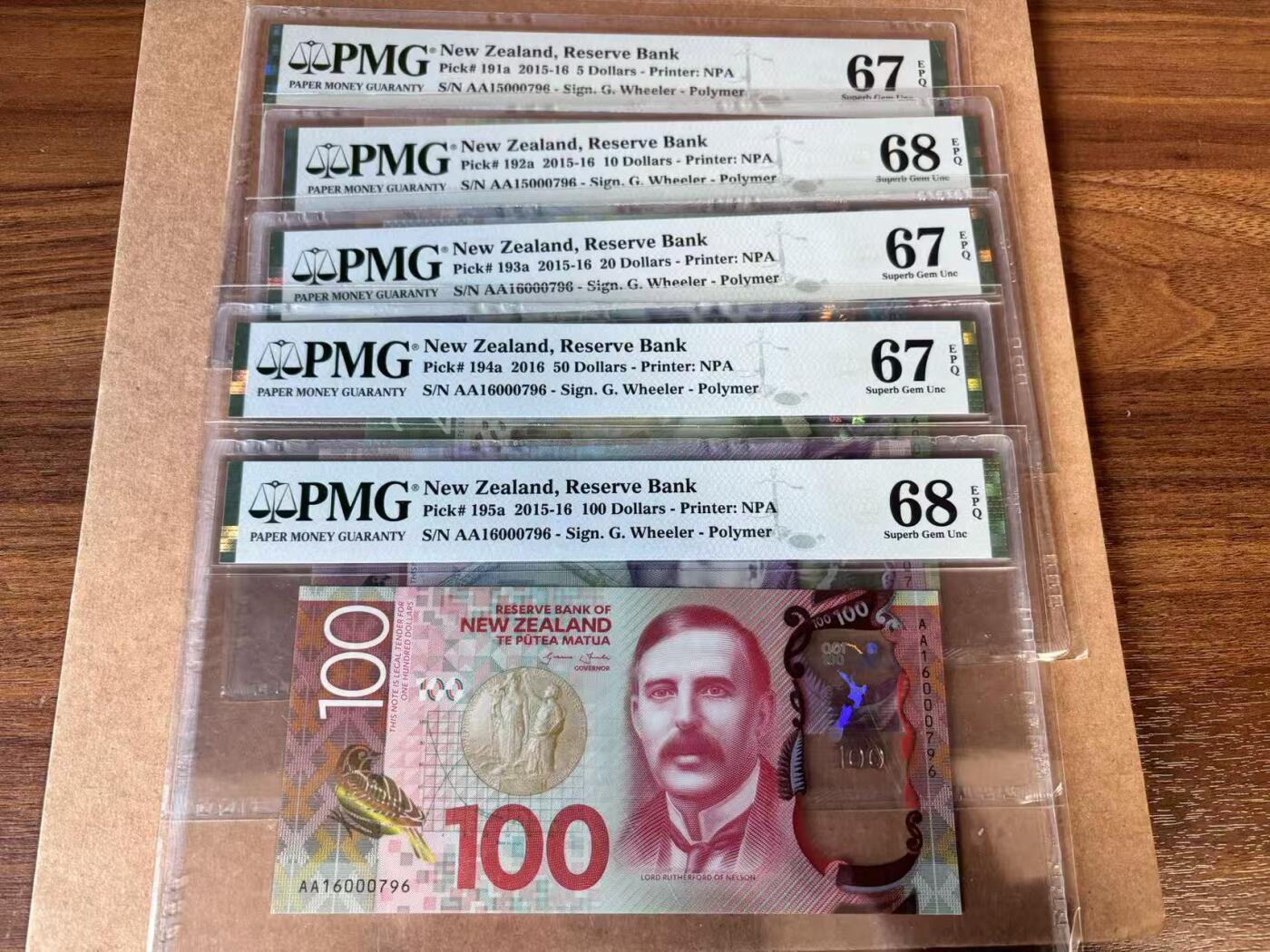 【Blue Auction】世界纸币精拍第749期——18级TOP拍卖/信誉/品质/专业/高效💫  【一组5张AA冠796全同小号 含获奖钞】新西兰 2015-16年5-100元 PMG68EPQ-67EPQ 高分套 