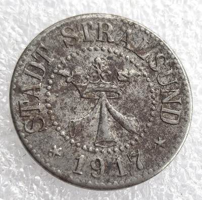 外国优质老铜币银币，周六九点倒数截拍，满百包邮，可寄存半年，喜欢朋友微信扫描二维码可直接参拍 - 德国施特拉尔松德皇冠1917年50芬尼