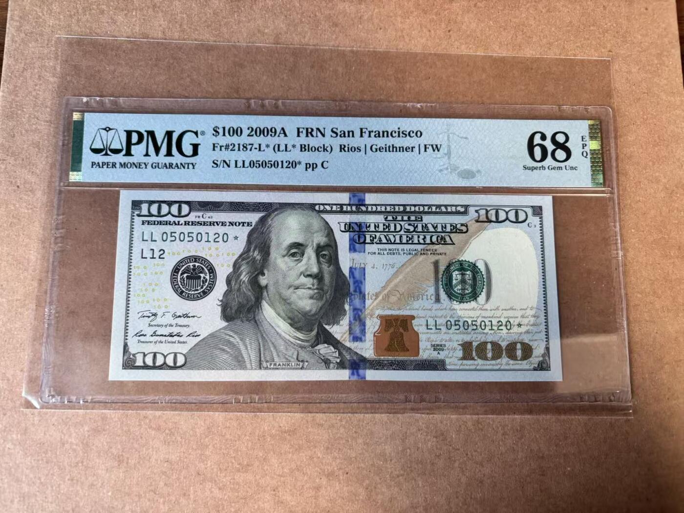 【Blue Auction】世界纸币精拍第749期——18级TOP拍卖/信誉/品质/专业/高效💫 【补号无47】美国 2009年100美金 PMG68EPQ 高分 旧金山版