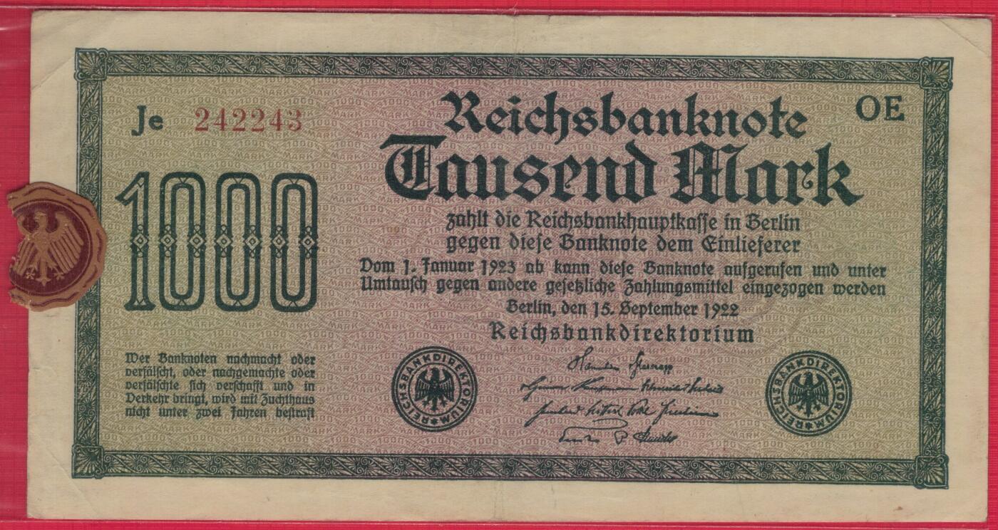 德国1922年1000马克 P-76c F种水印 白纸印制 红号码数三 有原银行封签 实物图 八五品